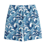 Blue Japanese Wave Pattern Print Cotton Shorts