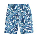 Blue Japanese Wave Pattern Print Cotton Shorts