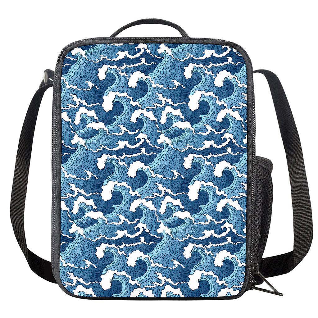 Blue Japanese Wave Pattern Print Crossbody Lunch Bag