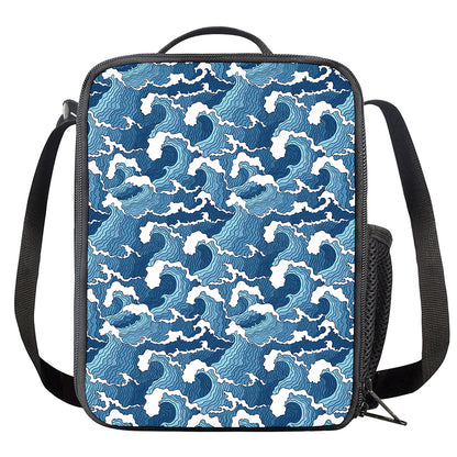 Blue Japanese Wave Pattern Print Crossbody Lunch Bag