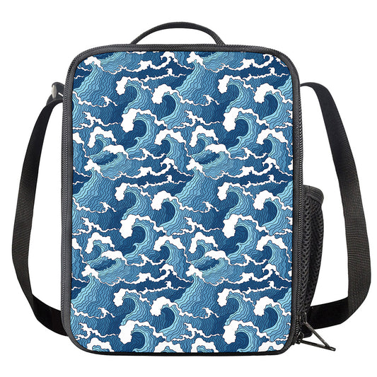 Blue Japanese Wave Pattern Print Crossbody Lunch Bag