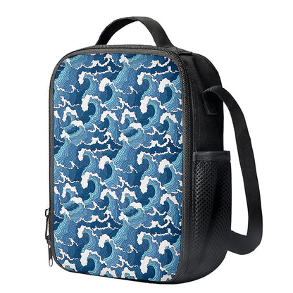 Blue Japanese Wave Pattern Print Crossbody Lunch Bag