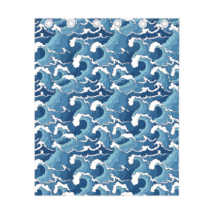 Blue Japanese Wave Pattern Print Curtain