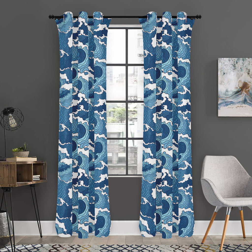 Blue Japanese Wave Pattern Print Curtain