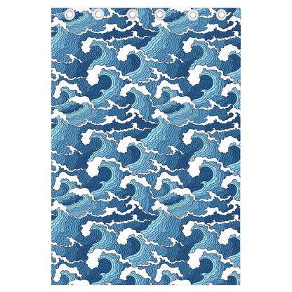 Blue Japanese Wave Pattern Print Curtain