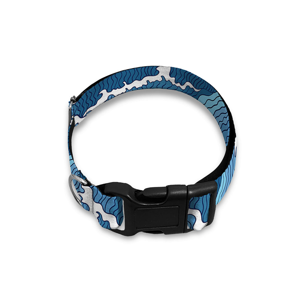Blue Japanese Wave Pattern Print Dog Collar