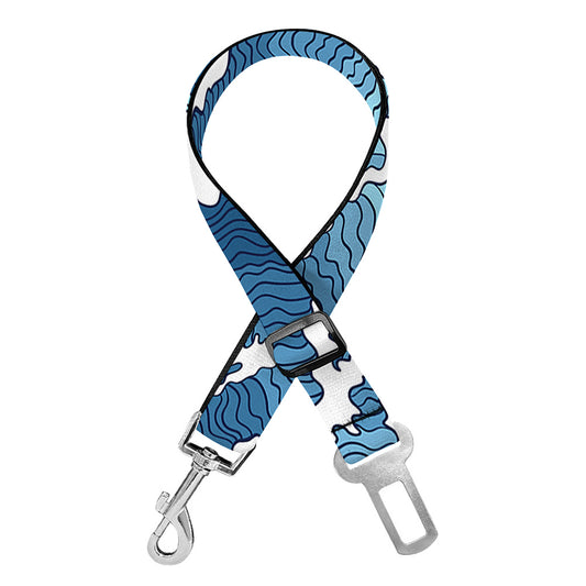 Blue Japanese Wave Pattern Print Dog Seat Belt
