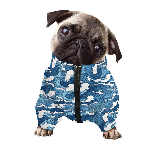Blue Japanese Wave Pattern Print Dog Zip Up Jacket