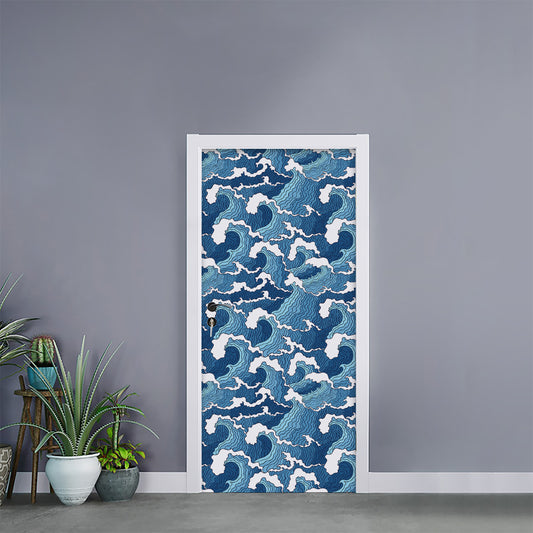 Blue Japanese Wave Pattern Print Door Sticker
