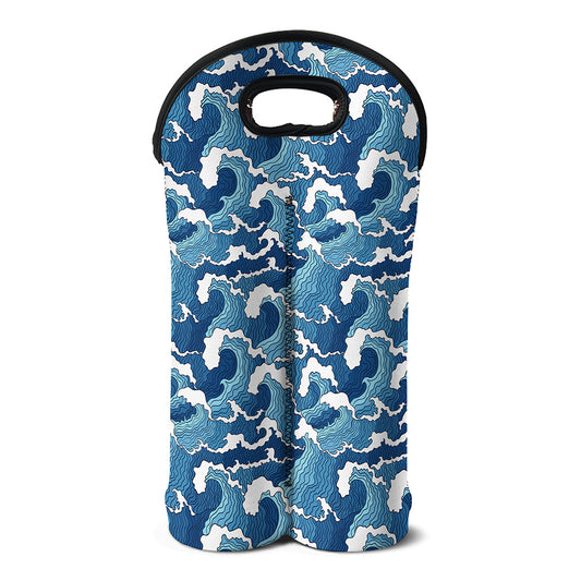 Blue Japanese Wave Pattern Print Double Neoprene Wine Tote