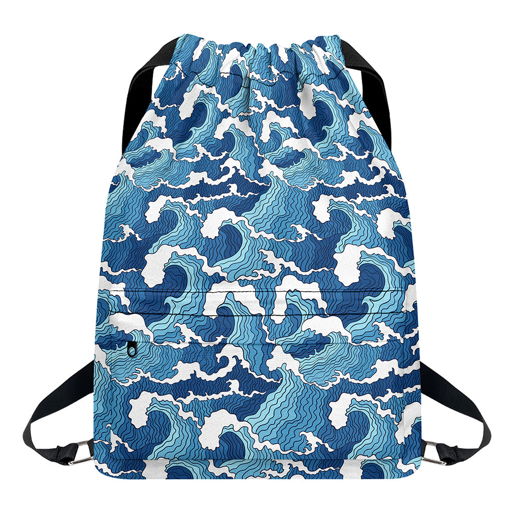 Blue Japanese Wave Pattern Print Drawstring Backpack