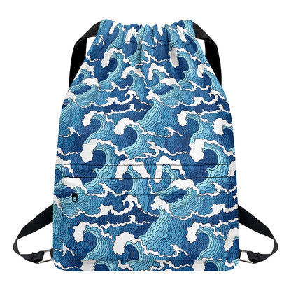 Blue Japanese Wave Pattern Print Drawstring Backpack