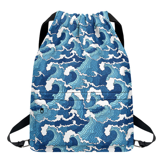 Blue Japanese Wave Pattern Print Drawstring Backpack