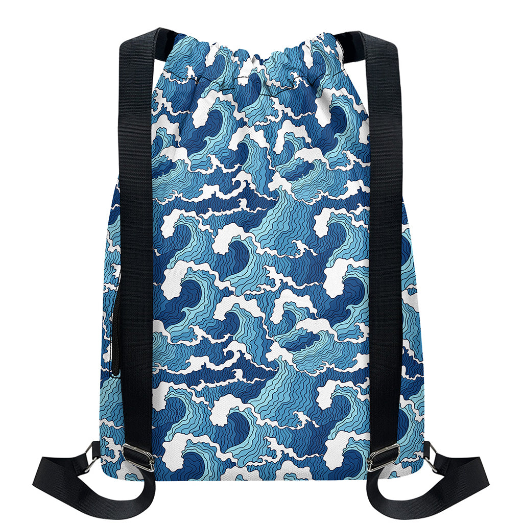 Blue Japanese Wave Pattern Print Drawstring Backpack