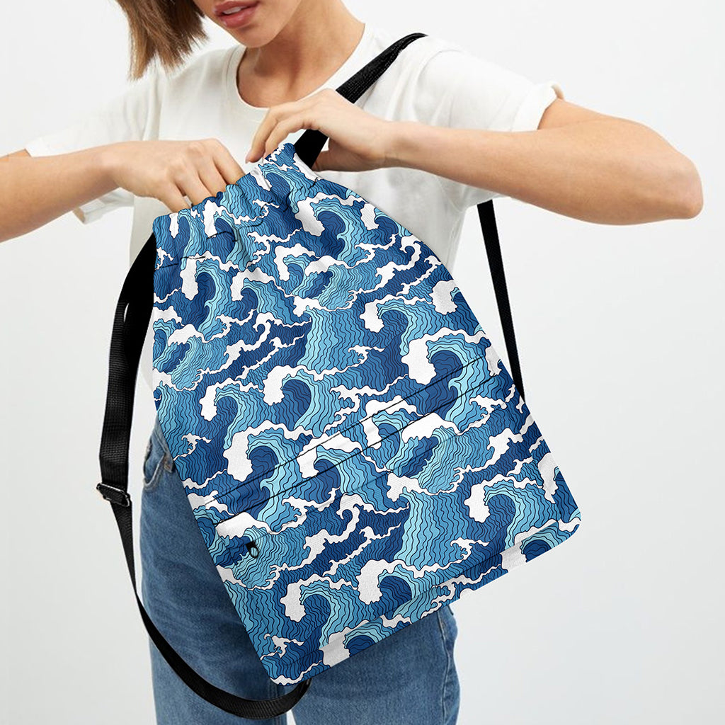 Blue Japanese Wave Pattern Print Drawstring Backpack