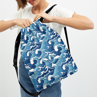 Blue Japanese Wave Pattern Print Drawstring Backpack