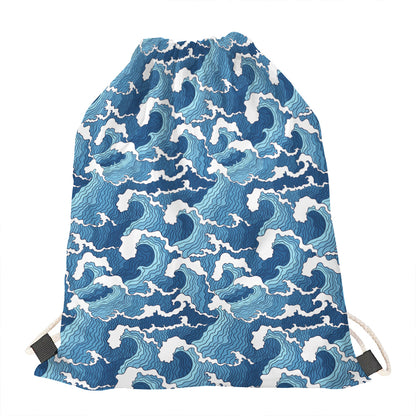Blue Japanese Wave Pattern Print Drawstring Bag