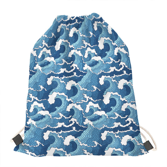 Blue Japanese Wave Pattern Print Drawstring Bag