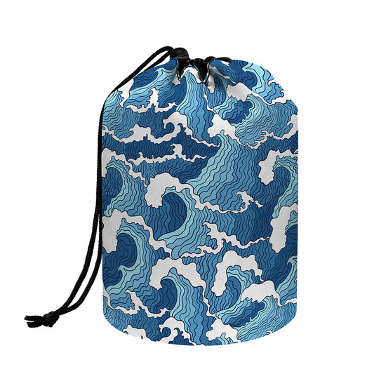 Blue Japanese Wave Pattern Print Drawstring Makeup Bag