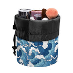 Blue Japanese Wave Pattern Print Drawstring Makeup Bag