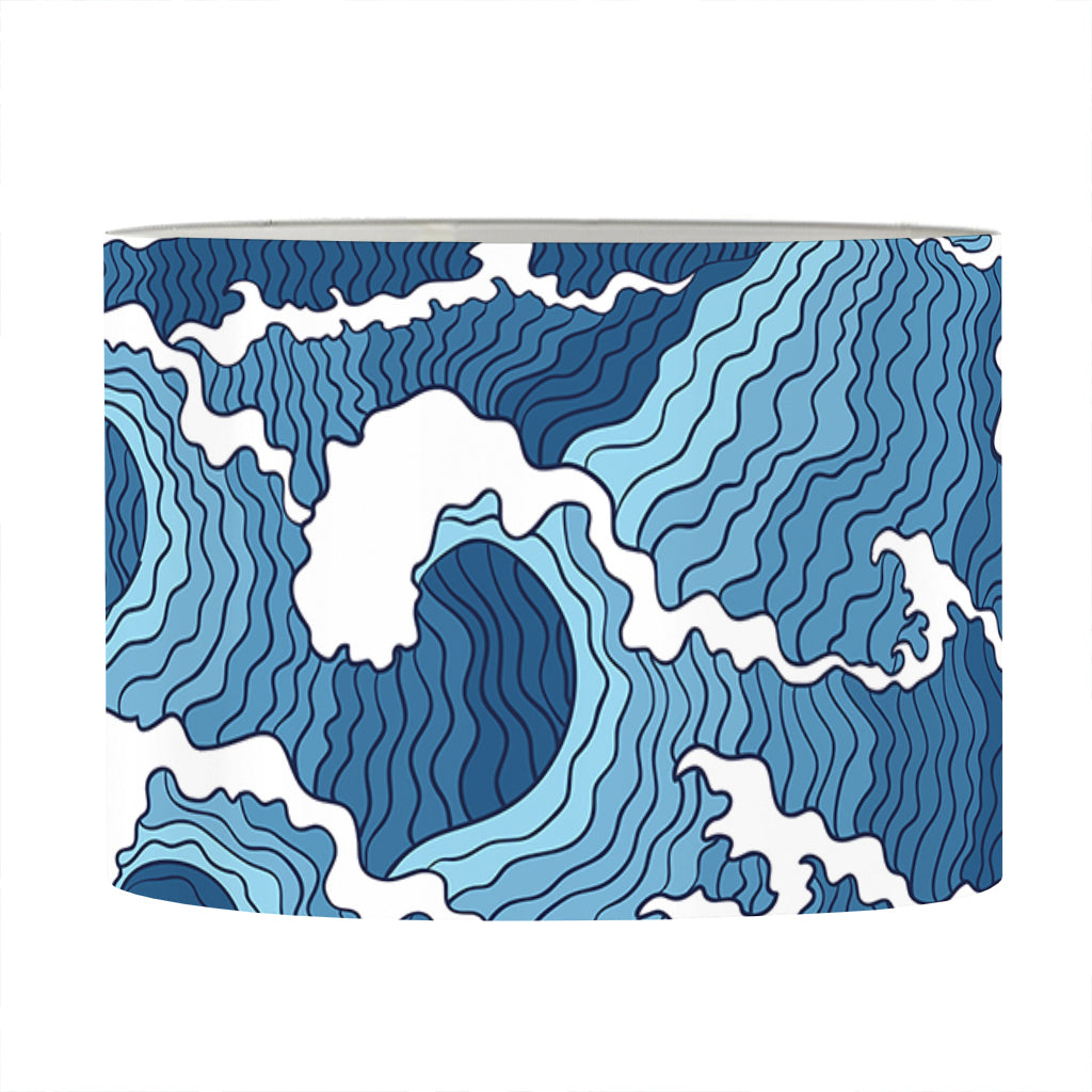 Blue Japanese Wave Pattern Print Drum Lamp Shade