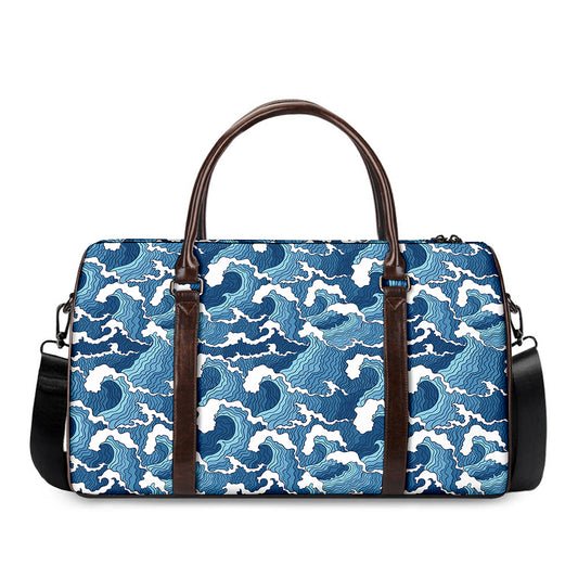 Blue Japanese Wave Pattern Print Duffle Bag