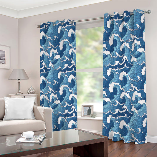 Blue Japanese Wave Pattern Print Extra Wide Grommet Curtains