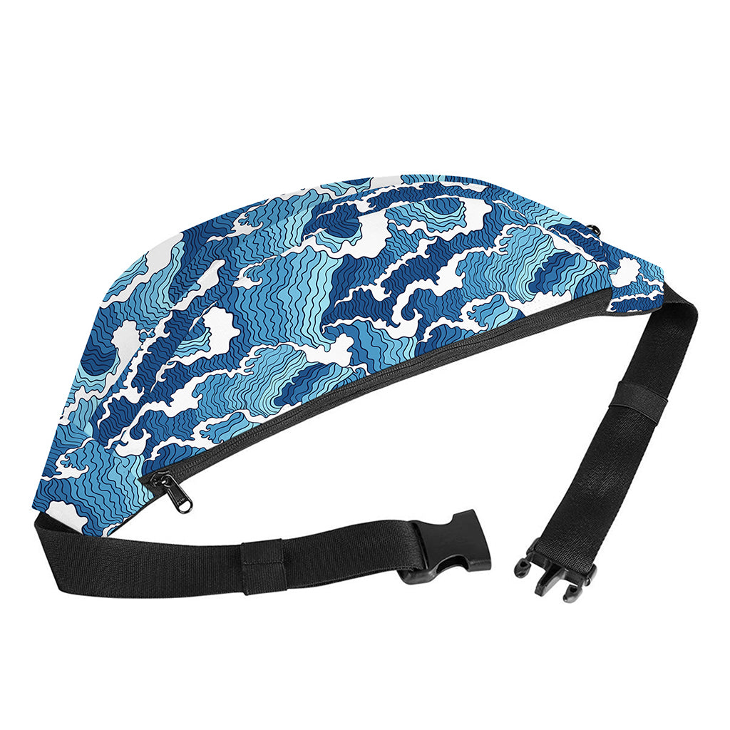 Blue Japanese Wave Pattern Print Fanny Pack
