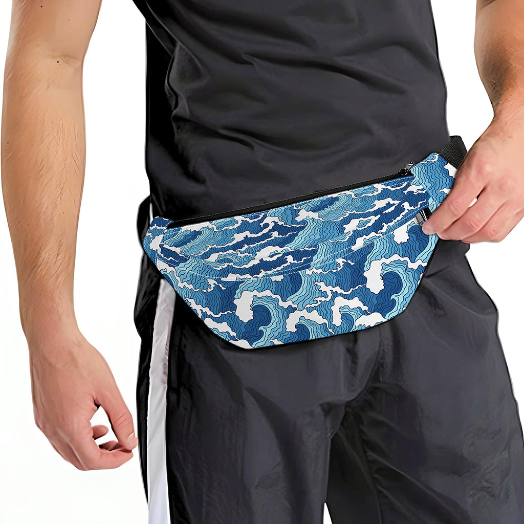 Blue Japanese Wave Pattern Print Fanny Pack