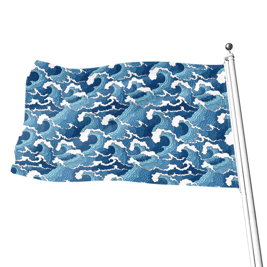 Blue Japanese Wave Pattern Print Flag