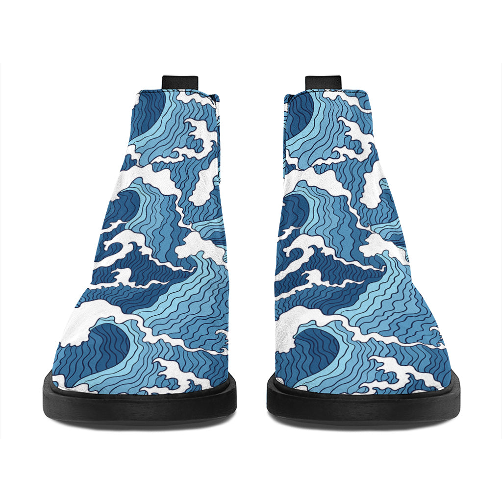 Blue Japanese Wave Pattern Print Flat Ankle Boots
