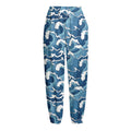 Blue Japanese Wave Pattern Print Fleece Lined Knit Pants