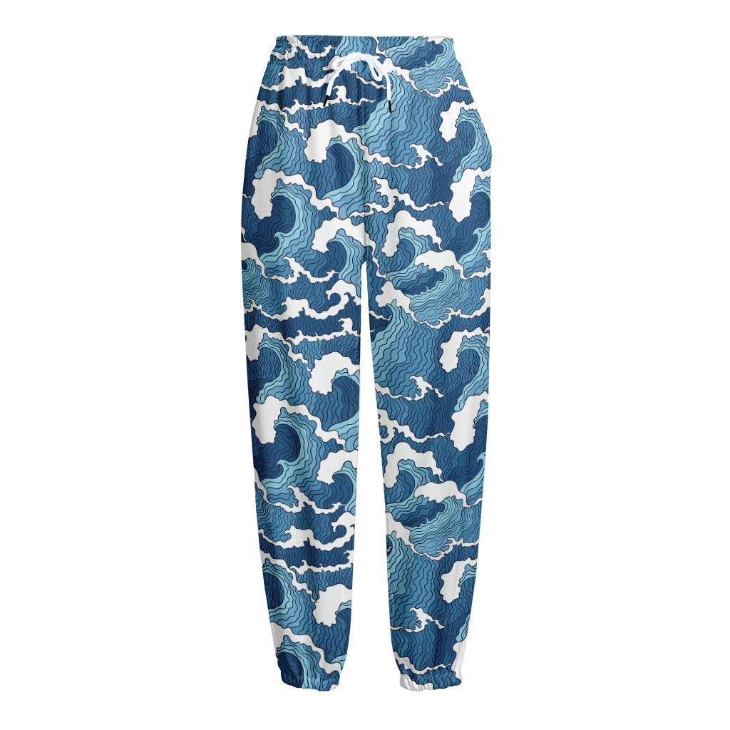 Blue Japanese Wave Pattern Print Fleece Lined Knit Pants