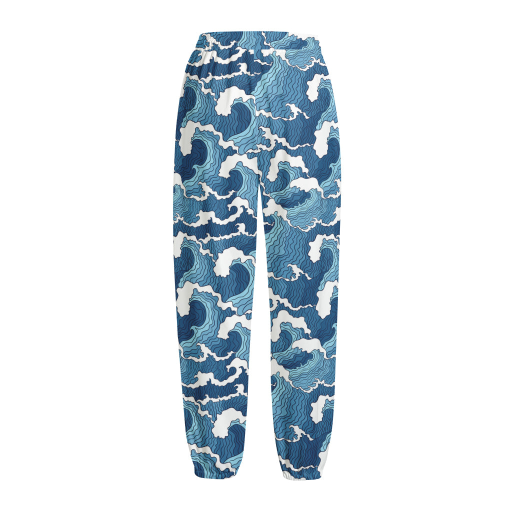 Blue Japanese Wave Pattern Print Fleece Lined Knit Pants