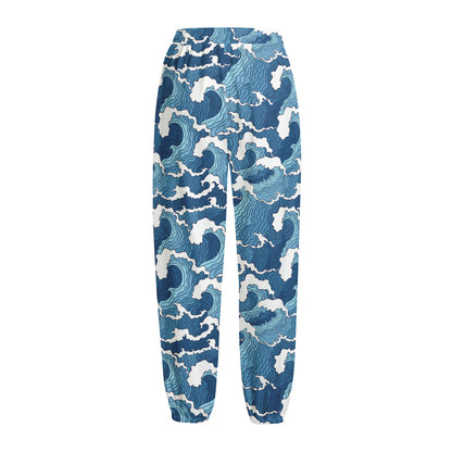 Blue Japanese Wave Pattern Print Fleece Lined Knit Pants