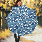 Blue Japanese Wave Pattern Print Foldable Umbrella