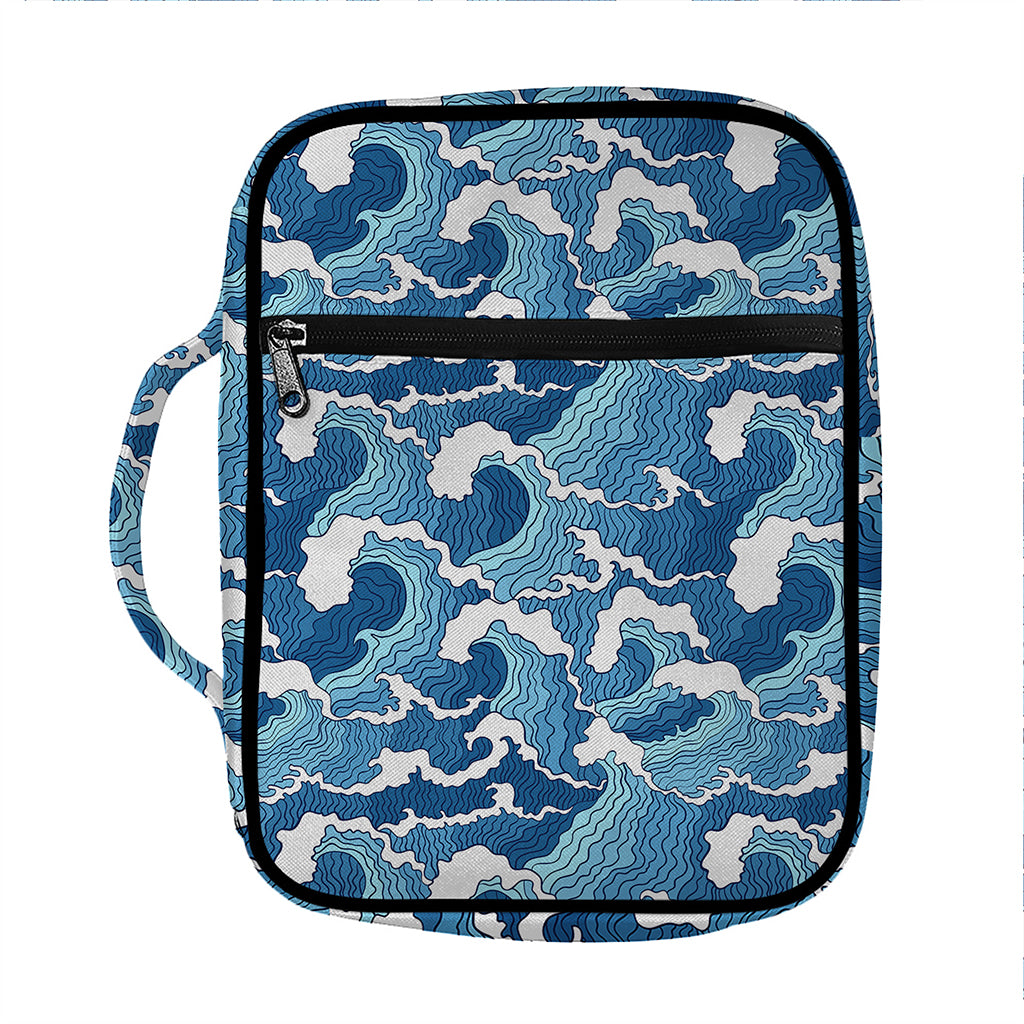Blue Japanese Wave Pattern Print Front Pocket Bible Bag