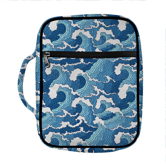 Blue Japanese Wave Pattern Print Front Pocket Bible Bag