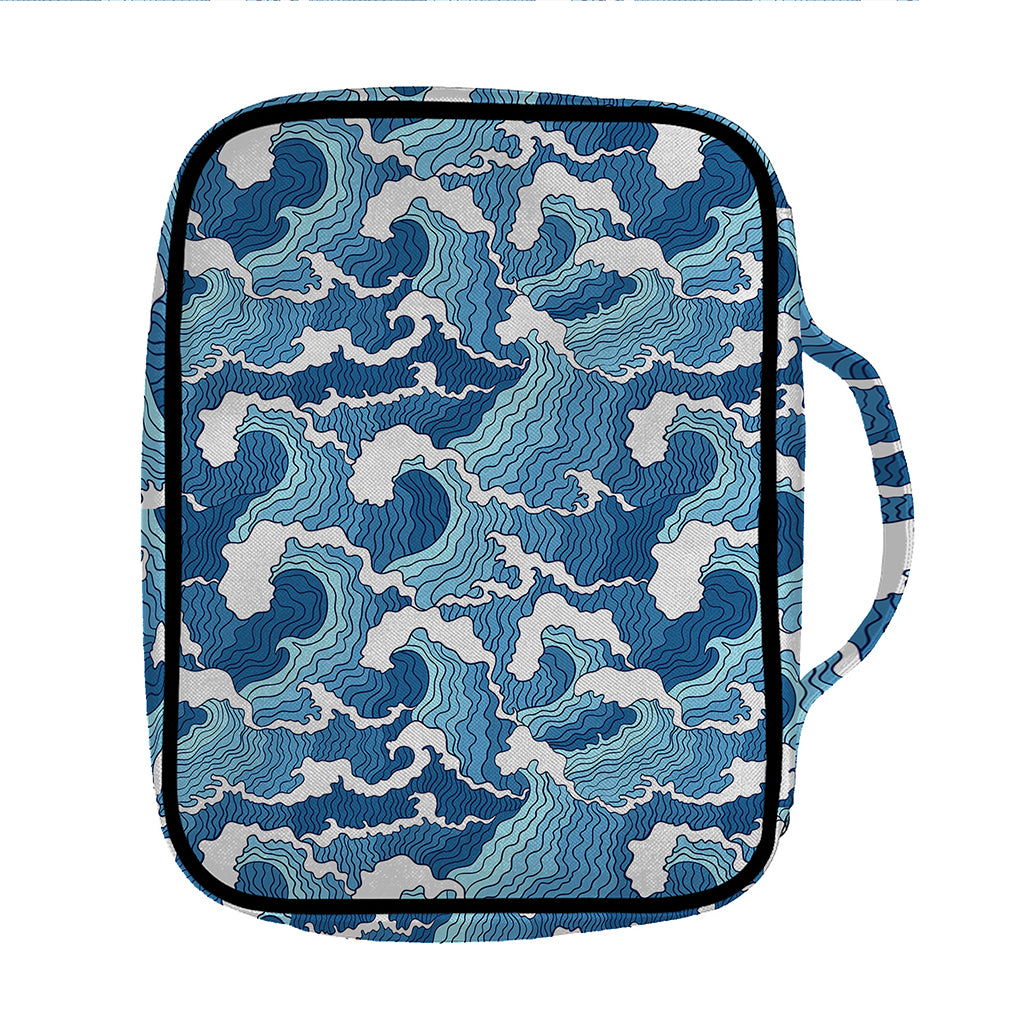 Blue Japanese Wave Pattern Print Front Pocket Bible Bag