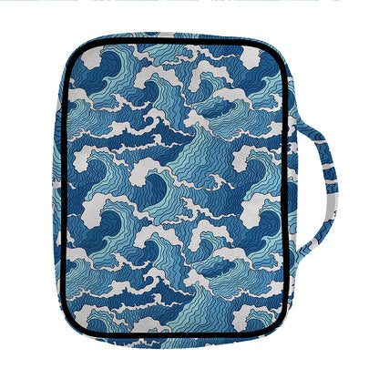 Blue Japanese Wave Pattern Print Front Pocket Bible Bag