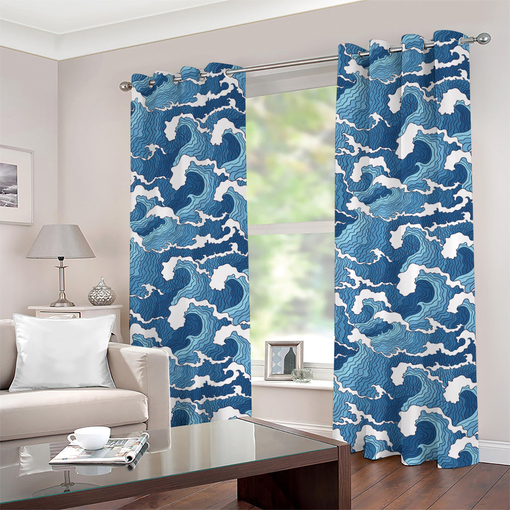 Blue Japanese Wave Pattern Print Grommet Curtains