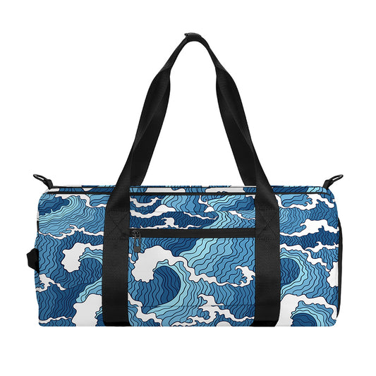 Blue Japanese Wave Pattern Print Gym Bag