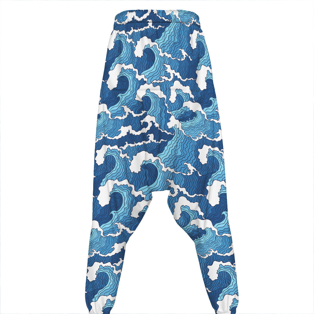 Blue Japanese Wave Pattern Print Hammer Pants