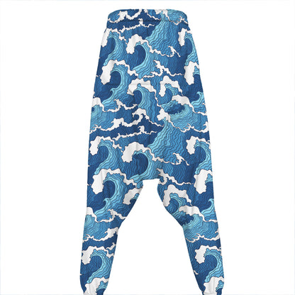 Blue Japanese Wave Pattern Print Hammer Pants