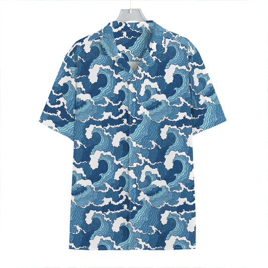 Blue Japanese Wave Pattern Print Hawaiian Shirt