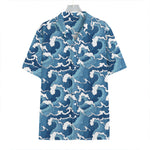 Blue Japanese Wave Pattern Print Hawaiian Shirt