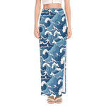 Blue Japanese Wave Pattern Print High Slit Maxi Skirt