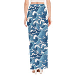Blue Japanese Wave Pattern Print High Slit Maxi Skirt