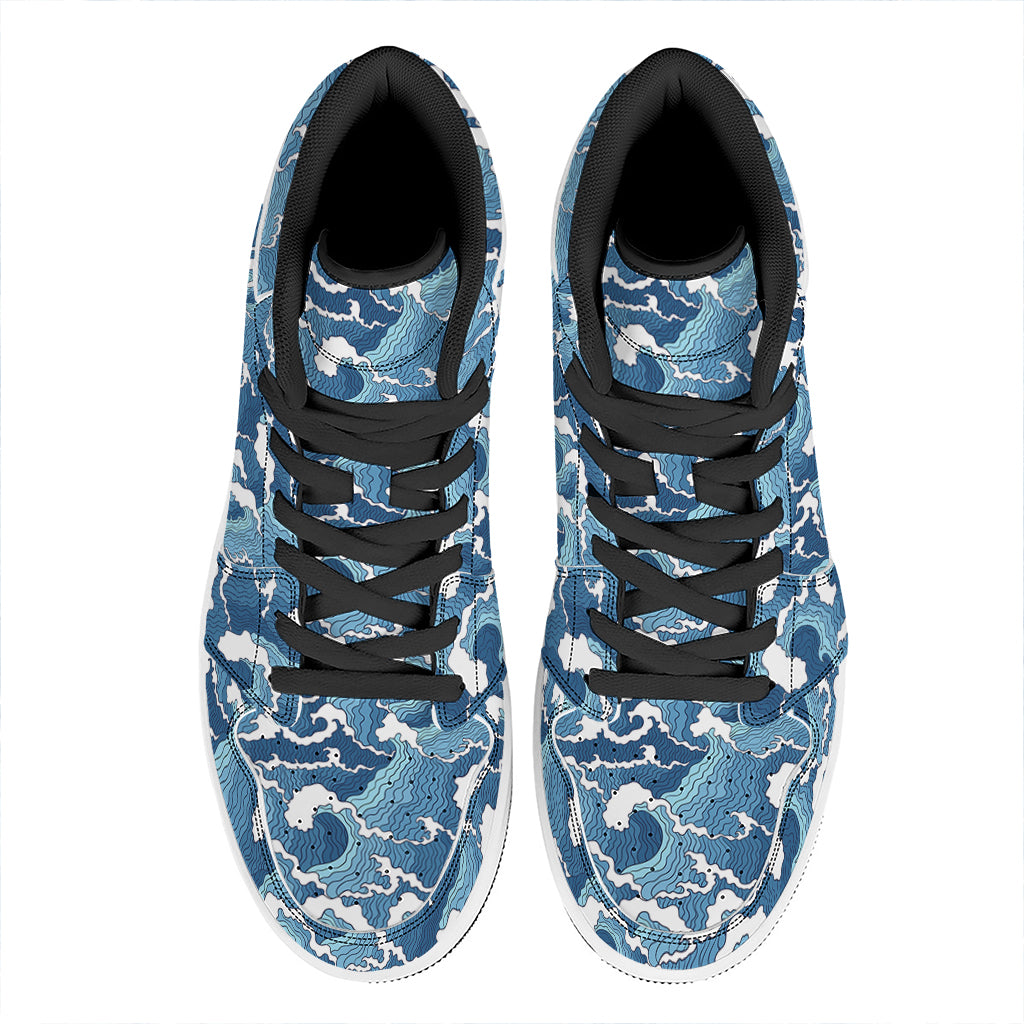 Blue Japanese Wave Pattern Print High Top Leather Sneakers