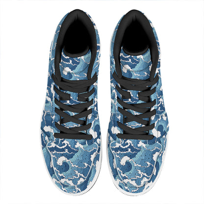 Blue Japanese Wave Pattern Print High Top Leather Sneakers
